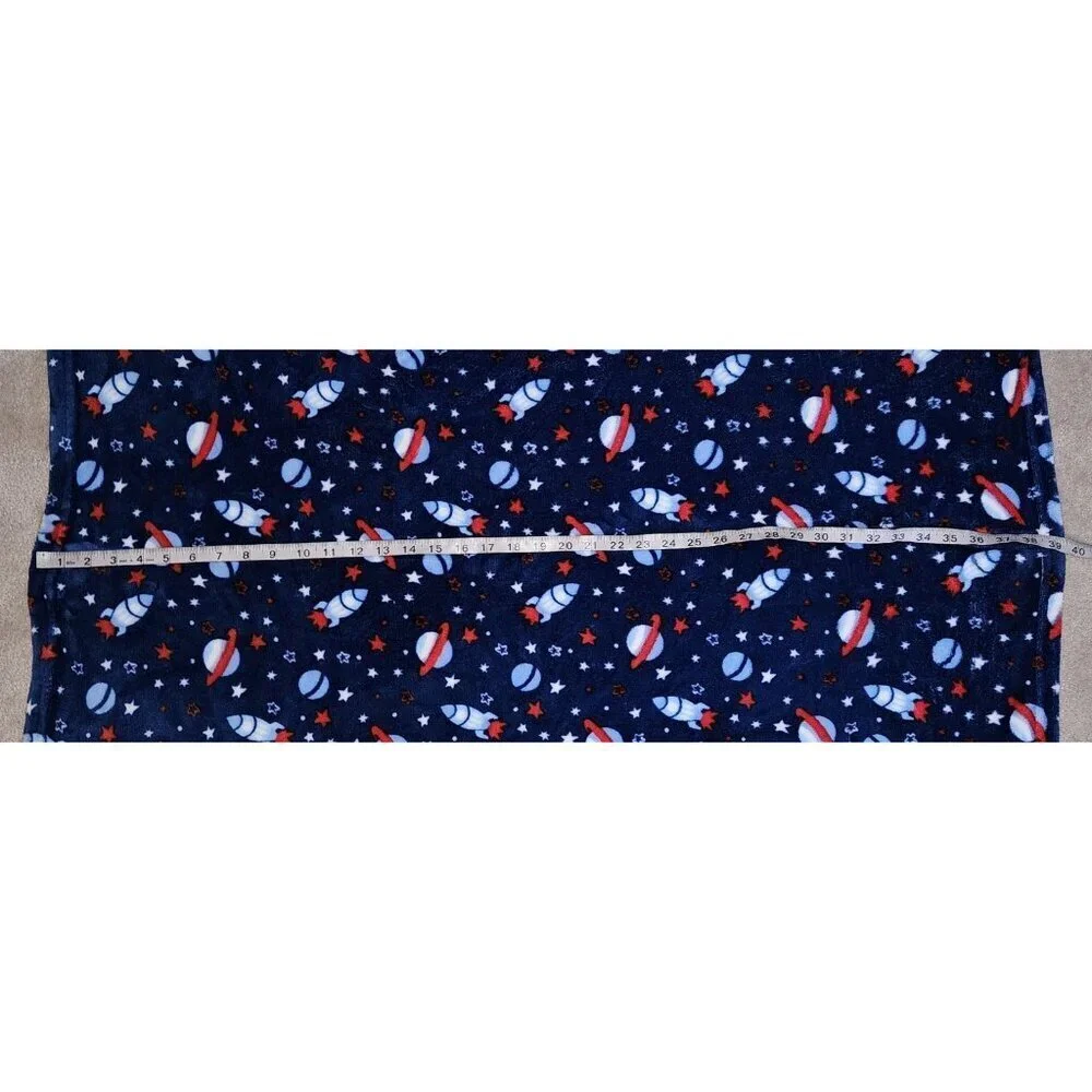 Zak & Zoey Blue Fleece Baby Blanket Rocket Spaceship Star Planet Red White SOFT